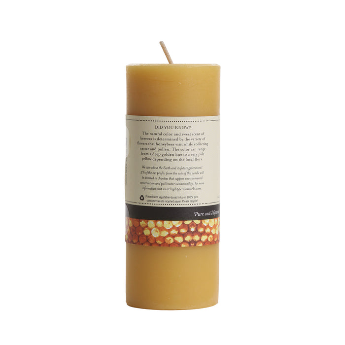 The Big Dipper Wax Works 100% Pure Beeswax Pillar Candle Natural is a tall, cylindrical yellow candle with a brown honeycomb-patterned label and natural finish—a toxin-free, eco-friendly choice for your home.