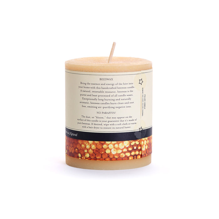 The Big Dipper Wax Works 100% Pure Beeswax Pillar Candle Natural features a cream label with beeswax info, no paraffin, a honeycomb-patterned bottom, and a single wick—perfect for an eco-friendly, toxin-free home.
