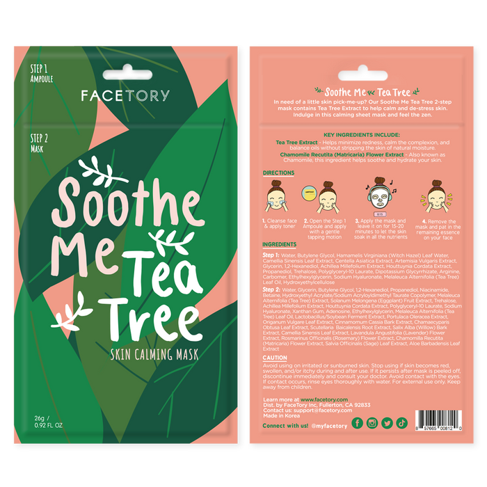 FaceTorys 2-step Soothe Me Tea Tree mask features green leaves on a pink background. The front showcases the product name, and the back provides instructions and ingredients, like chamomile flower extract, aimed at soothing blemishes effortlessly.