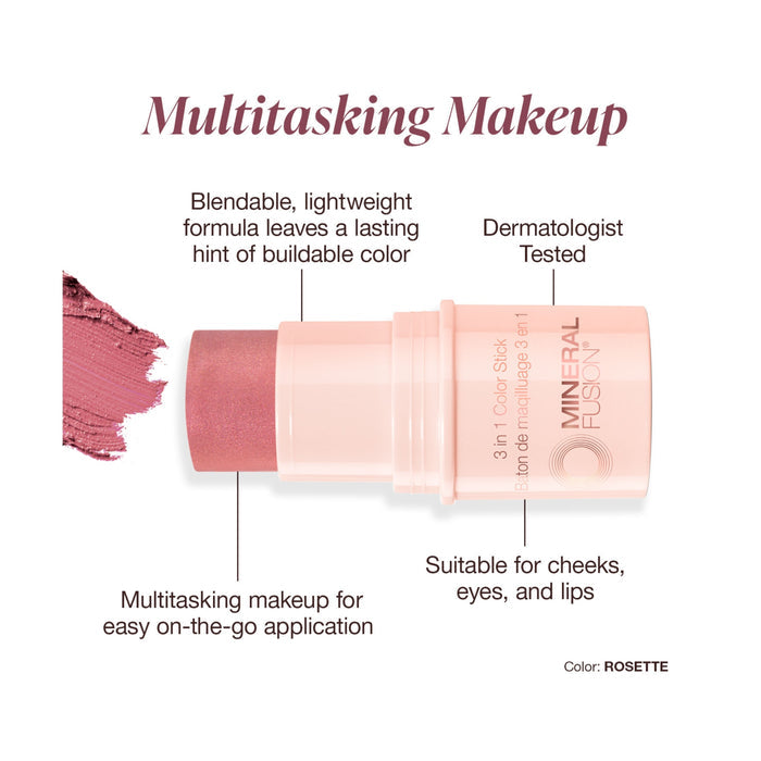 Mineral Fusion 3-in-1 Color Stick in Rosette is shown with a swatch and text noting its blendability, lightweight feel, and versatile use as cheek tint, lip tint, and eyeshadow.