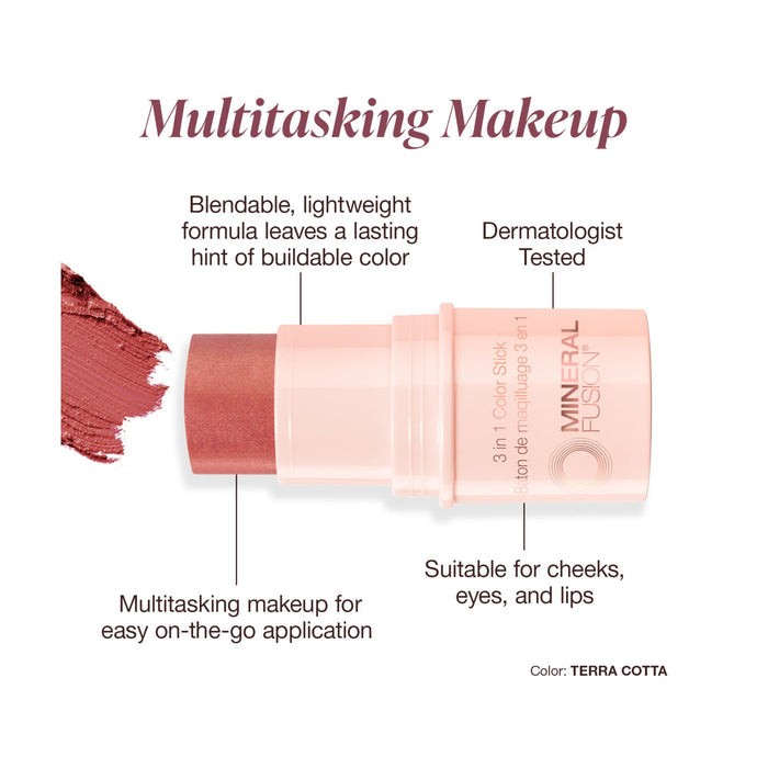 Mineral Fusion 3-in-1 Color Stick in Terra Cotta has a blendable, lightweight formula—perfect for cheeks, eyes, and lips. Dermatology tested for effortless beauty on the go.