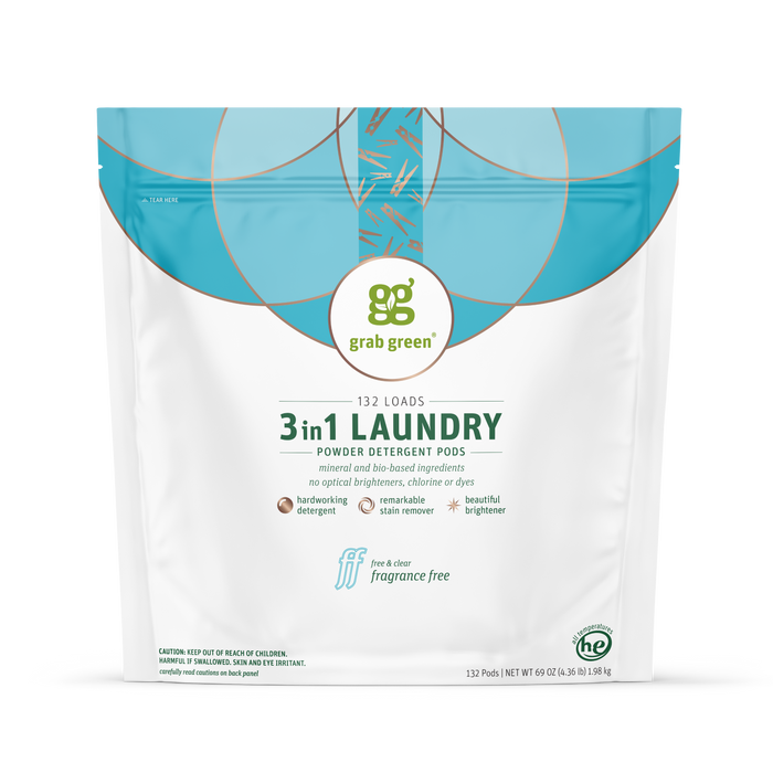 A white and teal grab green bag of 3 in 1 Laundry Detergent Pods - Fragrance Free, for 132 loads. The natural, mineral-based formula removes stains and contains no phosphates, dyes, or masking agents.