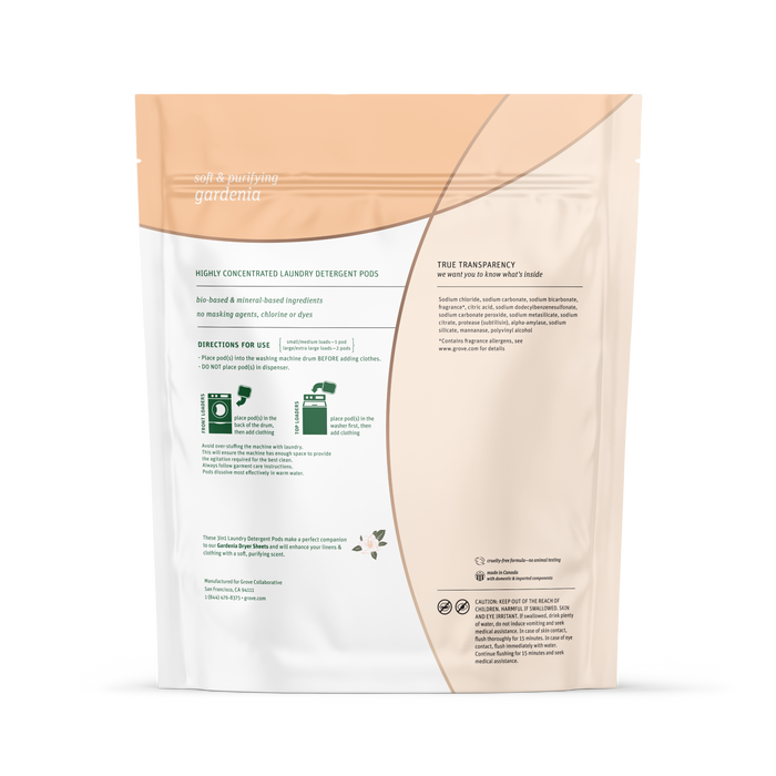 Grab green 3 in 1 Laundry Detergent Pods - Gardenia come in a resealable pouch with usage directions, product details, and ingredients on a white and light peach minimalist design.