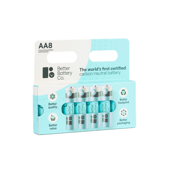 A pack of eight AA Batteries from Better Battery Co, the world’s first zero-waste, carbon-neutral alkaline batteries, with packaging focused on quality, value, reduced footprint, and sustainability.