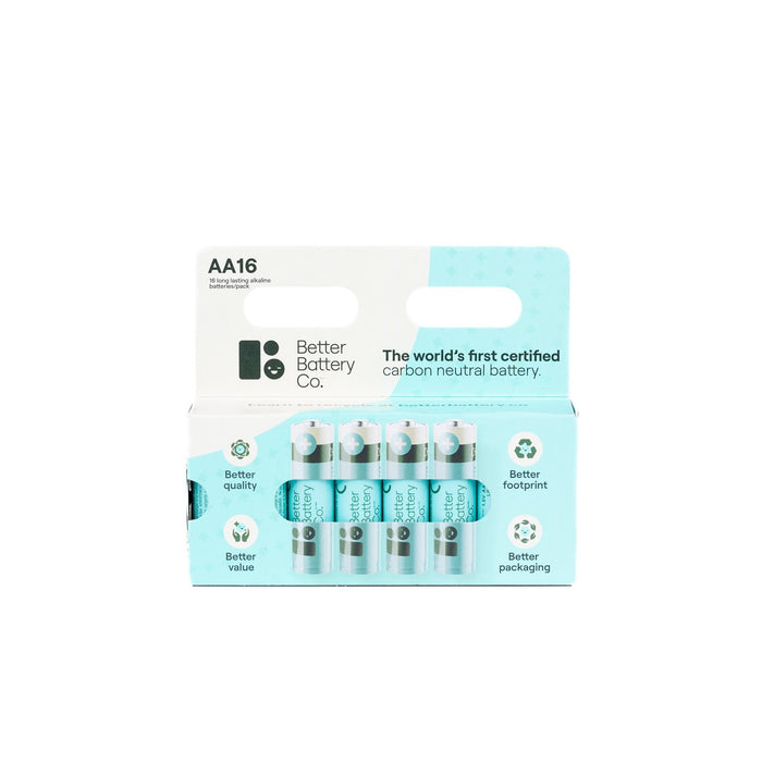 A pack of AA Batteries from Better Battery Co—the world’s first zero-waste, carbon-neutral alkaline batteries—comes in a white and light blue box that spotlights quality, value, footprint, and plastic-free packaging, with four batteries inside.