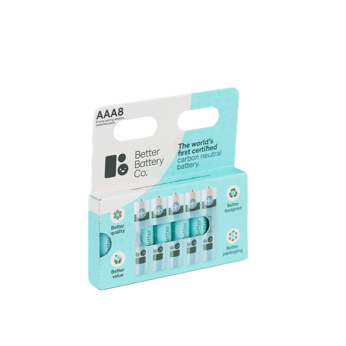 A pack of eight AAA Batteries by Better Battery Co, the world’s first zero-waste, carbon-neutral alkaline batteries, offers long-lasting power in eco-friendly white and teal packaging with informative icons.