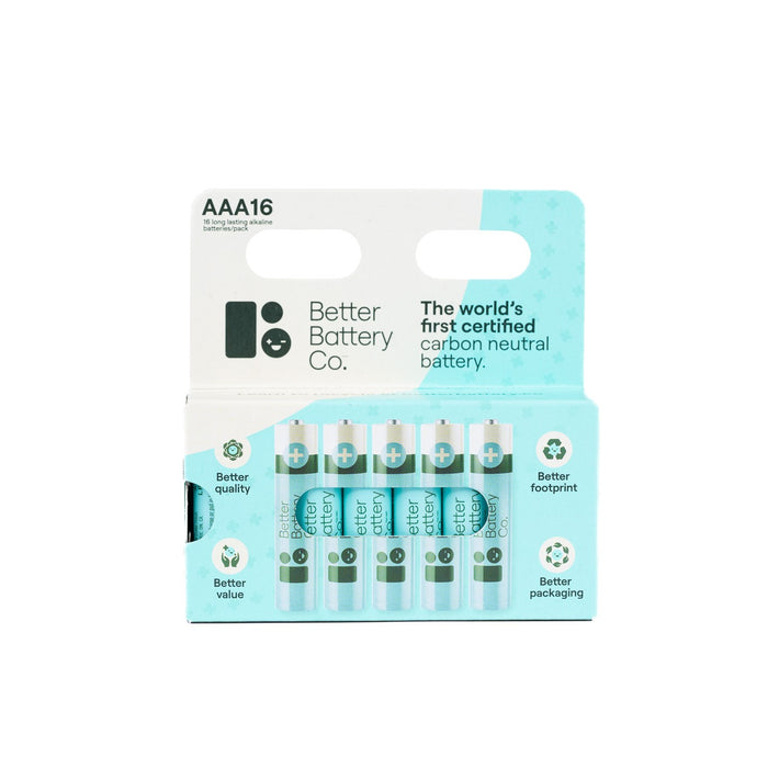 A package of Better Battery Co AAA Batteries, the worlds first zero-waste, carbon-neutral alkaline batteries, contains six visible batteries and showcases sustainable energy, superior quality, value, and long-lasting performance.
