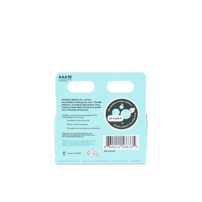Back of a light blue AAA16 Better Battery Co pack for the worlds first zero-waste, carbon-neutral alkaline batteries. Features text on sustainability, a barcode, recycling symbols, and a badge with we made it! and a cartoon battery.