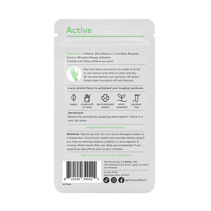 The packages back features The Good Patchs Active Wellness Patch, a caffeine and beta-alanine infused wearable. Made with sleek 4-way stretch fabric for a comfy fit on your wrist or other areas, it uses plant-powered ingredients to energize your day. Website and distribution details are below.