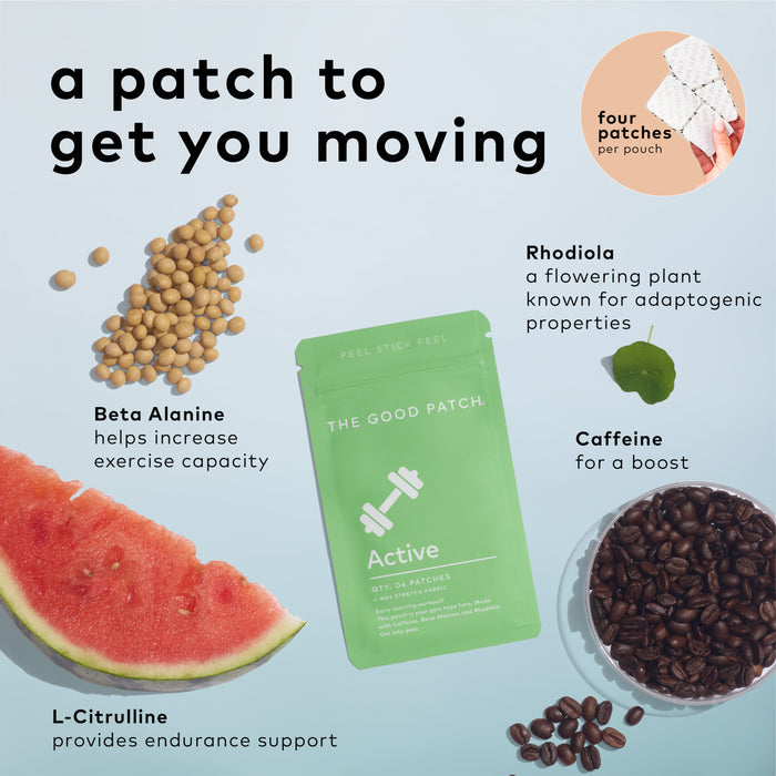 A green Active Wellness Patch packet from The Good Patch, a plant-powered wearable wellness patch, is surrounded by watermelon, soybeans, coffee beans, and supplements like Beta Alanine, L-Citrulline, Rhodiola, and Caffeine with brief benefit descriptions.