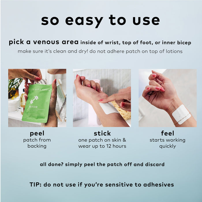Instructional image for The Good Patchs Active Wellness Patch: 1) Peel from backing. 2) Apply to skin for up to 12 hours. 3) Experience plant-powered wellness. Caution: Avoid if sensitive to adhesives. Features a comfy, 4-way stretch fabric for easy movement.
