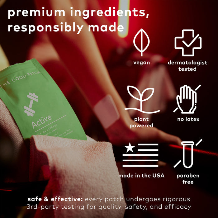 A close-up of someone wearing The Good Patchs Active Wellness Patch highlights its vegan, dermatologist-tested formula. This plant-powered, latex-free patch is made in the USA and ensures paraben-free quality and safety.