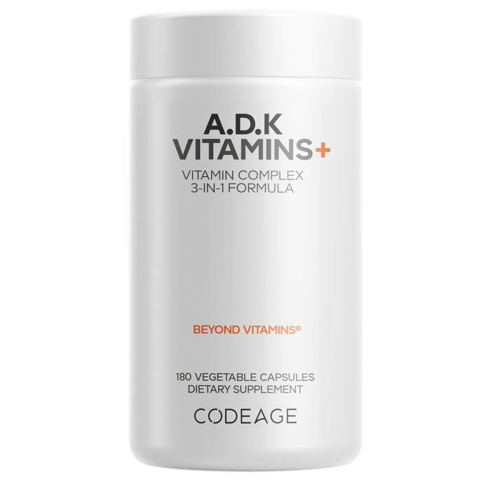 Codeage ADK Vitamins comes in a white bottle with a minimalist design and orange accents and contains 180 vegetable capsules of vitamin D3, K2, and A in a 3-in-1 formula.