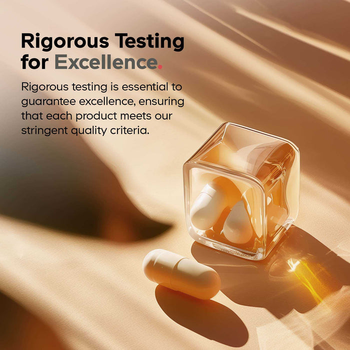 A glass cube holds white capsules of Codeage ADK Vitamins, featuring vitamin D3 and K2, on a sunlit golden surface. One capsule rests outside. Text: Rigorous Testing for Excellence with a statement about product quality assurance.