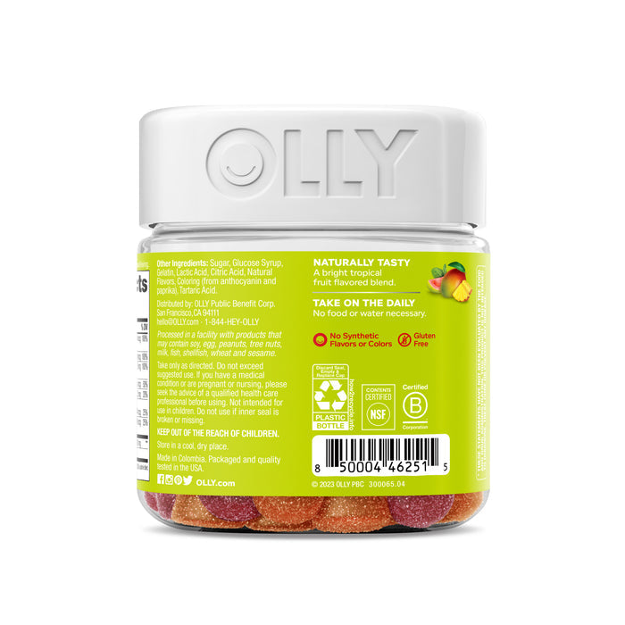 A jar of OLLY Adult Multi + Probiotic daily gummy vitamins with a white lid and colorful gummies. The label highlights natural flavors, probiotic support, gluten-free ingredients, and no synthetic colors. The recyclable packaging contains detailed text on the label.