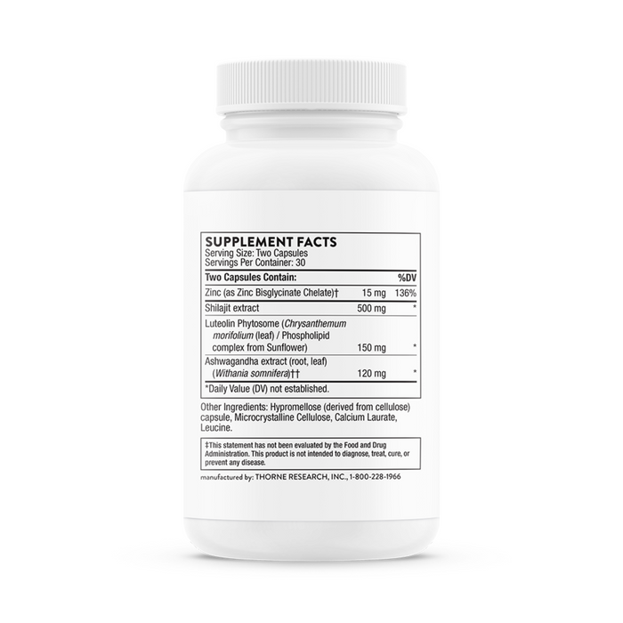 A white bottle of Thornes Advanced Testosterone Support features supplement facts such as zinc, Shilajit extract, luteolin, and ashwagandha. With 60 capsules, it includes serving size and manufacturer details to naturally boost testosterone levels.