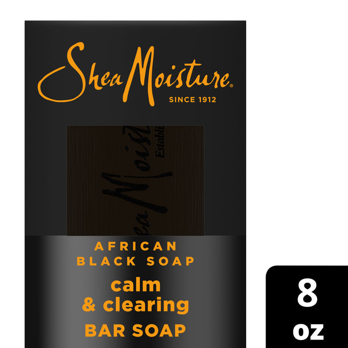 SheaMoisture African Black Soap Bar Soap with Shea Butter provides gentle care for troubled skin, featuring calm and clearing properties in stylish black and gold packaging. This 8 oz. bar is specially formulated to help soothe eczema and psoriasis while cleansing and clarifying your skin.