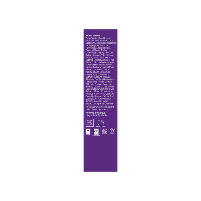 The Age Defying Rejuvenating Retinol Alternative Serum by Andalou Naturals features a purple label with white text listing glycerin, olive oil, fruit extracts, and leaf juices. It highlights vegan and gluten-free certificates, anti-aging retinol alternative benefits, and showcases a recycling symbol.