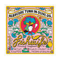 The Albacore Tuna in Olive Oil by Fishwife features a vintage-style label showing a female sailor with a fish hat and pipe amid fish, clouds, and olive branches. Its pole & line caught from the Bay of Biscay and perfectly crafted by an authentic Spanish cannery using 100% Spanish olive oil.
