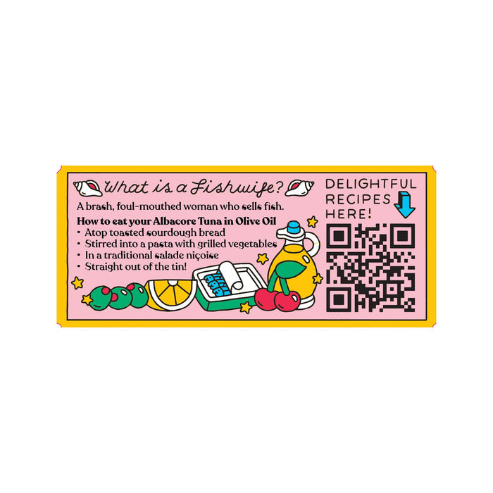 The Albacore Tuna in Olive Oil by Fishwife features a sardine tin label with a fishwifes tale, albacore tuna tips, and a QR code for Spanish cannery recipes. It includes vibrant illustrations of lemons, fish, tomato, and an olive oil jug.