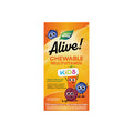 Natures Way Alive!® Kids Chewable Multivitamin supports immune health and kids’ wellness, offering 120 orange and berry flavored chewables in a colorful box with cartoon fruit characters.