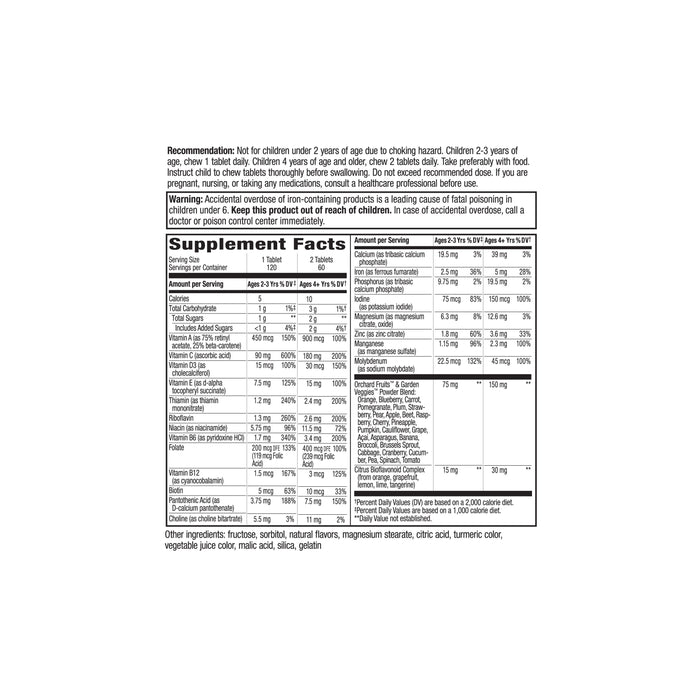 Alive!® Kids Chewable Multivitamin by Natures Way features a black-on-white Supplement Facts label listing serving size, nutrients, and ingredients. It offers immune health support, usage tips, and overdose warnings for children.