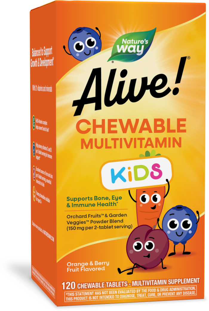 A box of Natures Way Alive!® Kids Chewable Multivitamin with 120 orange & berry-flavored tablets, featuring colorful fruit characters and supporting bone, eye, and immune health.