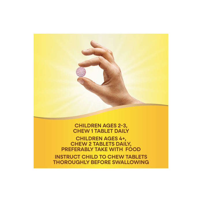 A hand holds an Alive!® Kids Chewable Multivitamin by Natures Way against a yellow background. Below, dosage and chewing instructions for children appear with a sunburst design that highlights immune health support.