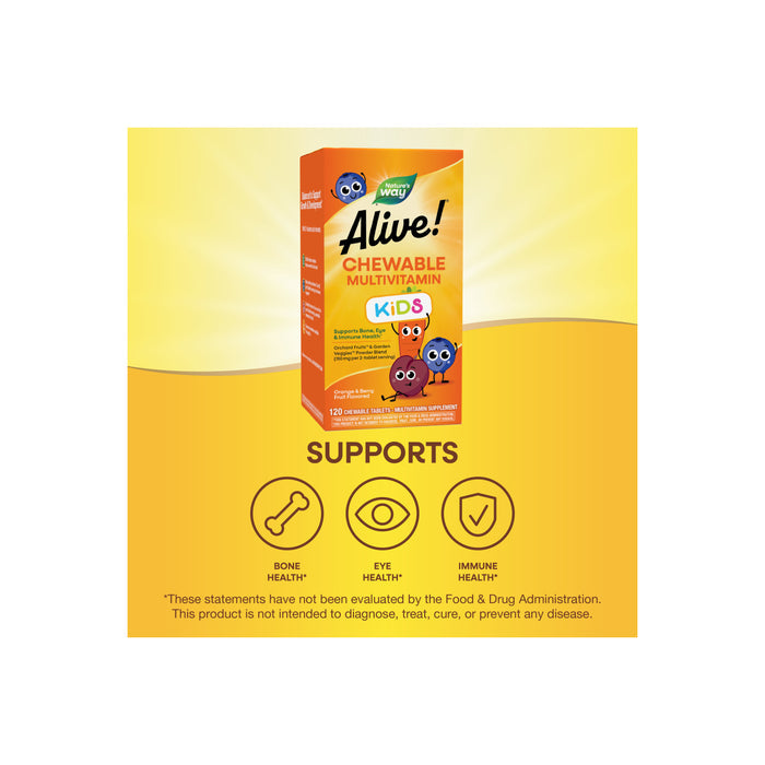 A box of Natures Way Alive!® Kids Chewable Multivitamin is shown above icons and text for bone, eye, and immune support on a bright yellow background, highlighting this tasty multivitamin for children.