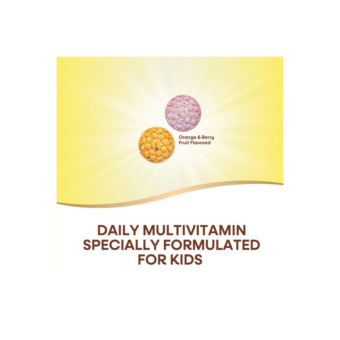 A yellow background shows two round gummies (orange and purple) labeled Orange & Berry Fruit Flavored. Text reads: Alive!® Kids Chewable Multivitamin by Natures Way—daily multivitamin for kids, specially formulated for immune health.