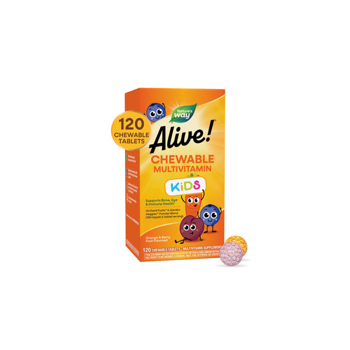 A box of Natures Way Alive!® Kids Chewable Multivitamin (120 tablets) features cartoon fruit on an orange box, promotes immune health, and two chewable multivitamin tablets are displayed in front.