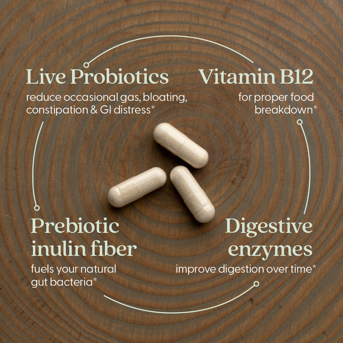 The wooden surface displays three white capsules, with text highlighting the benefits of New Chapters All Flora Probiotic Enzyme Complex, which includes potent probiotics, Vitamin B12 for energy support, and essential digestive enzymes to enhance your wellness journey.