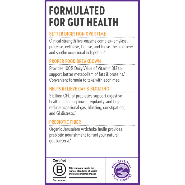 New Chapters All Flora Probiotic Enzyme Complex boosts gut health with digestive enzymes and Vitamin B12, aiding digestion and food breakdown. Say goodbye to gas and bloating with prebiotic fibers. Certified for quality, its tree logo represents natural benefits.