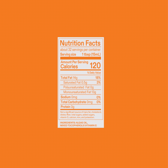All Purpose Oil by Algae Cooking Club: Nutrition label on orange background. Each 1 tbsp (15mL) serving has 120 calories, 14g fat, rich in Omega 9s. Ingredients: algae oil, vitamin E. No sodium, carbs, or protein. Smoke point: 535°F.