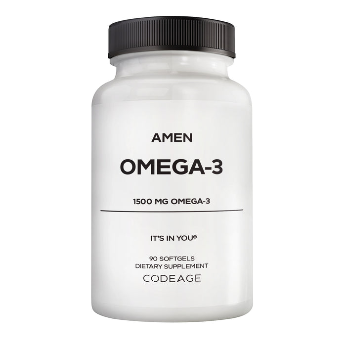 A white bottle labeled “Amen Omega-3” by Codeage, with a black cap. Contains 90 softgels of EPA & DHA omega-3 fish oil (1500 mg), this dietary supplement supports daily omega-3 intake.
