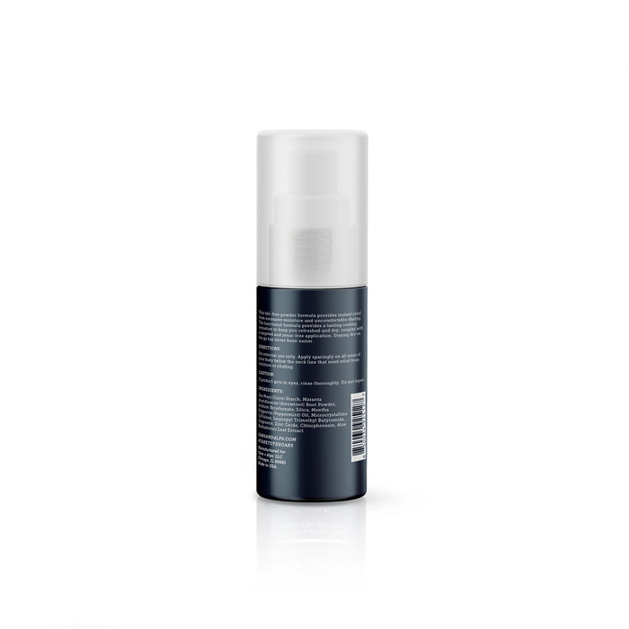 A dark spray bottle of Oars + Alps Anti-Everything Body Powder with a white label and text is shown from the back, clear cap on, barcode visible. Designed to absorb sweat and reduce friction. The background is plain white.