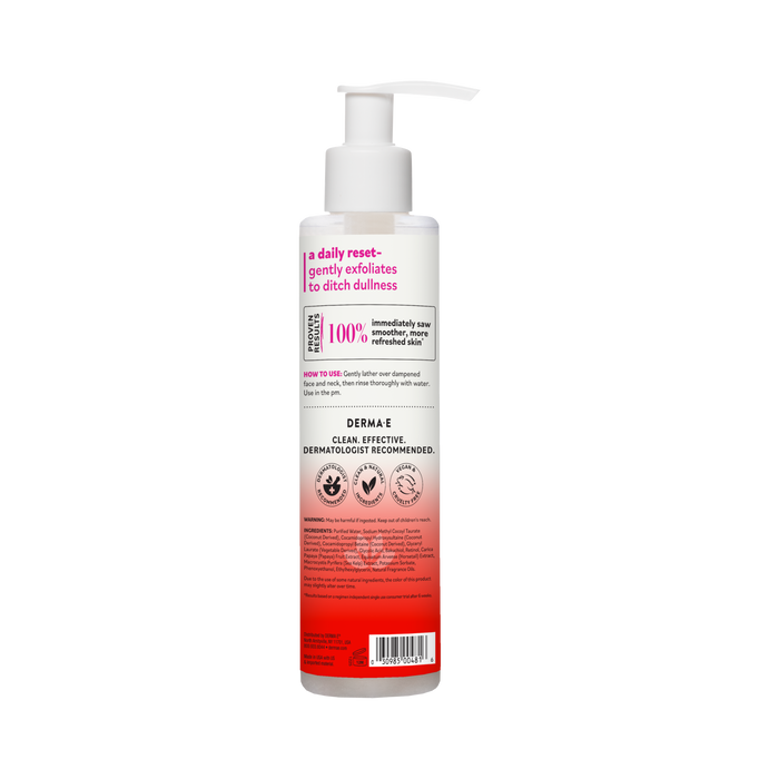 A white and red bottle of Derma E Anti-Wrinkle Cleanser with a pump top, featuring text about its exfoliating benefits with glycolic acid, directions for use, and certification logos on the label.
