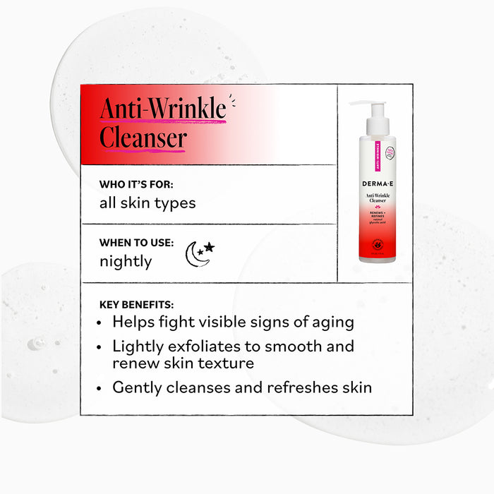 Discover the revitalizing benefits of Derma E Anti-Wrinkle Cleanser, formulated with glycolic acid to gently exfoliate and thoroughly cleanse your skin. Ideal for nightly use and safe for all skin types, this cleanser targets visible signs of aging while leaving your complexion feeling refreshed and renewed.