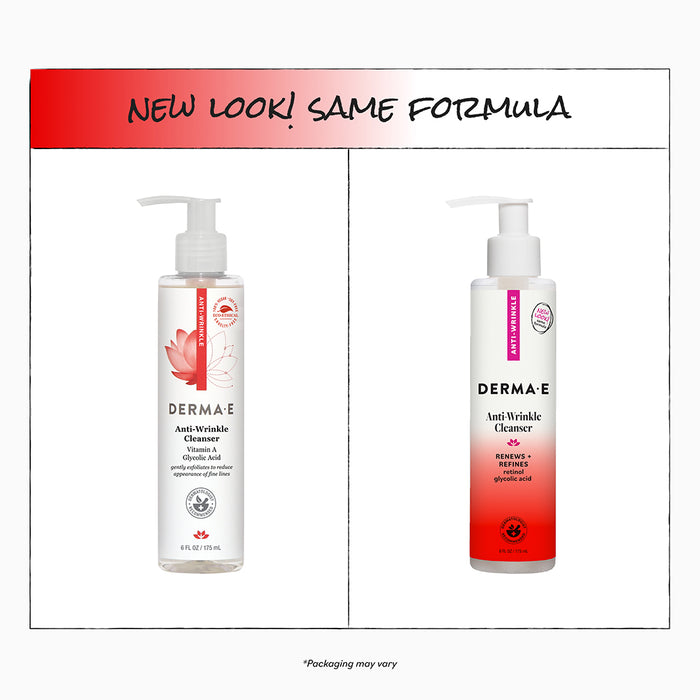 Two pump bottles of Derma E Anti-Wrinkle Cleanser are displayed side by side, highlighting the old and new packaging with the text “New Look! Same Formula” above. Both feature different label designs and are formulated with retinol and glycolic acid.