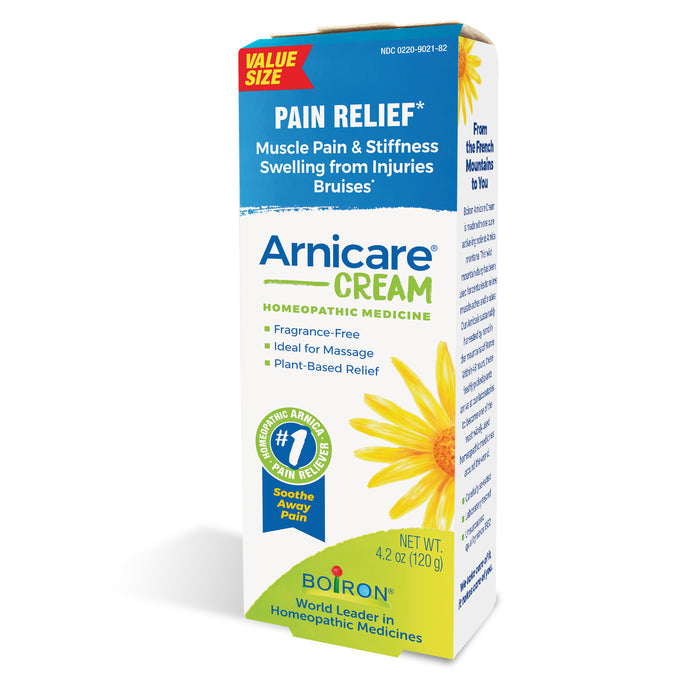 Boirons Arnicare Cream provides homeopathic relief for muscle pain, stiffness, swelling, and bruises. Its fragrance-free, perfect for massage, plant-based, available in a value size, and features a yellow flower on the packaging.