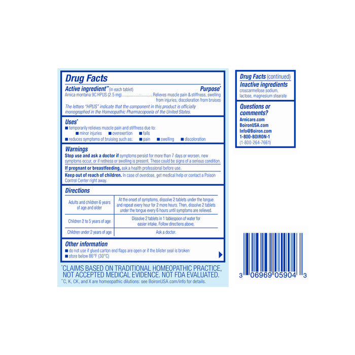 The image shows Boirons Arnicare Tablets, a homeopathic pain relief option with Arnica montana. The Drug Facts feature active ingredients, purposes, uses, warnings, directions, and inactive ingredients. The packaging has blue text on white and a bottom right barcode.