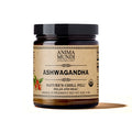 A dark glass jar labeled Anima Mundi ASHWAGANDHA, Natures Chill Pill, features berry illustrations, organic certification, and highlights its adaptogenic Indian Ginseng roots. Net Wt 4oz/113g.