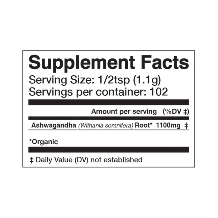 The black and white label for Anima Mundi’s ASHWAGANDHA, Natures Chill Pill shows 1/2 tsp (1.1g) per serving, 102 servings per container, and 1100mg organic Ashwagandha (Indian Ginseng); daily value not established.