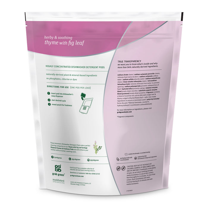 The grab green Automatic Dishwasher Detergent Pods packaging features a green and purple design with text on non-toxic ingredients, usage instructions, and eco benefits. Labeled Herby & Soothing Thyme with Fig Leaf, these powder pods promise a refreshing clean.