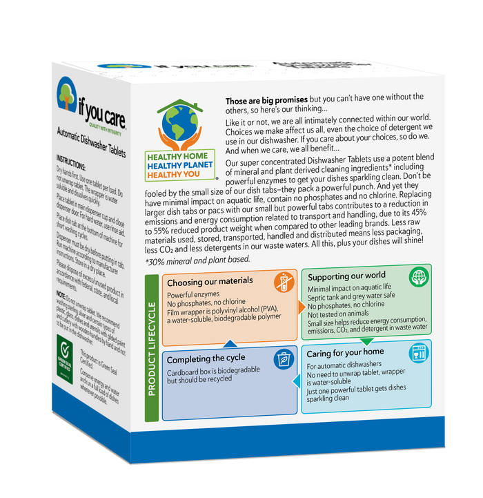 The If You Care Automatic Dishwasher Tablets are showcased, highlighting their eco-friendly features such as plant-based ingredients and a non-toxic, phosphate-free formula, with packaging that includes recycling information to emphasize sustainability.