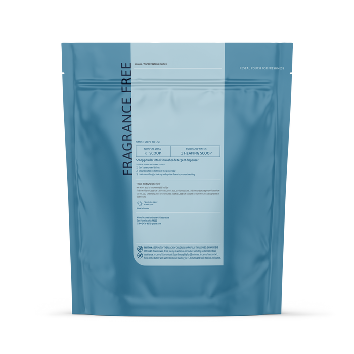 Grab green Automatic Dishwashing Detergent Powder - Fragrance Free (Coming Soon!) comes in a blue resealable pouch with white text instructions, dosage info, and safety warnings, ensuring spot-free dishes and effective grease removal.