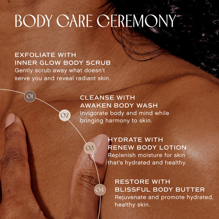 Close-up of a person touching their shoulder, featuring text about a body care routine: exfoliate with body scrub, cleanse with body wash, hydrate with body lotion, and restore with body butter. Each step promotes healthy, radiant skin.