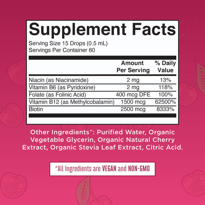 The supplement facts label, set against a pink background on MaryRuths B Complex Drops, highlights tart cherry flavor and lists essential B vitamins (B6, B12, biotin, niacin, folate) with daily values. It includes organic, vegan, non-GMO ingredients like cherry and stevia leaf extracts.