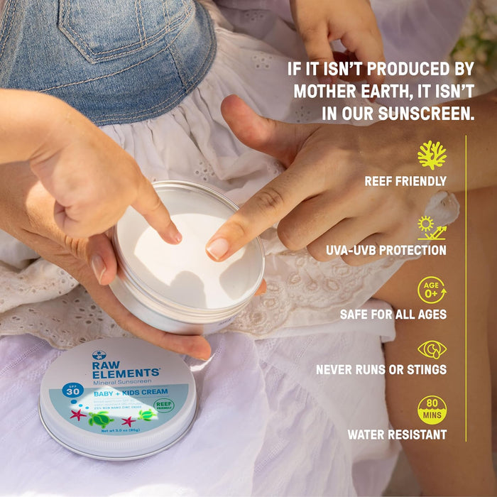 A person applies Raw Elements Baby + Kids Lotion Tin SPF 30 on a childs leg. The hypoallergenic formula provides reef-friendly, broad-spectrum UVA-UVB protection, is safe for all ages, water-resistant for 80 minutes, and never runs or stings.