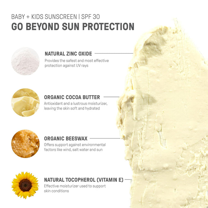 An image of Raw Elements Baby + Kids Lotion Tin SPF 30, a broad-spectrum UVA-UVB sunscreen with natural zinc oxide, organic cocoa butter and beeswax, plus vitamin E for gentle protection and moisturizing benefits for babies and kids.